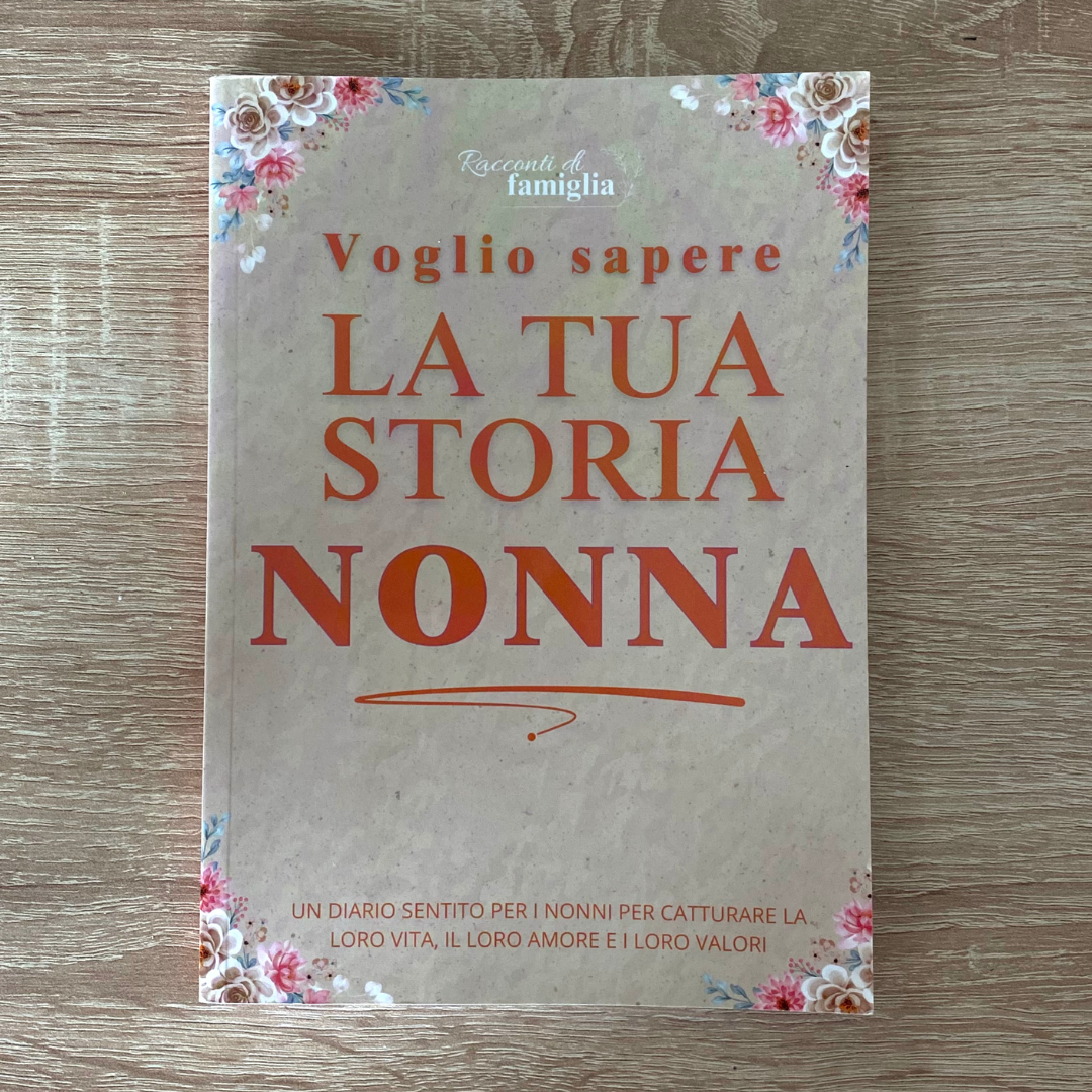 Libro dei ricordi per nonna, con domande sulla sua vita per conservare la memoria di famiglia.