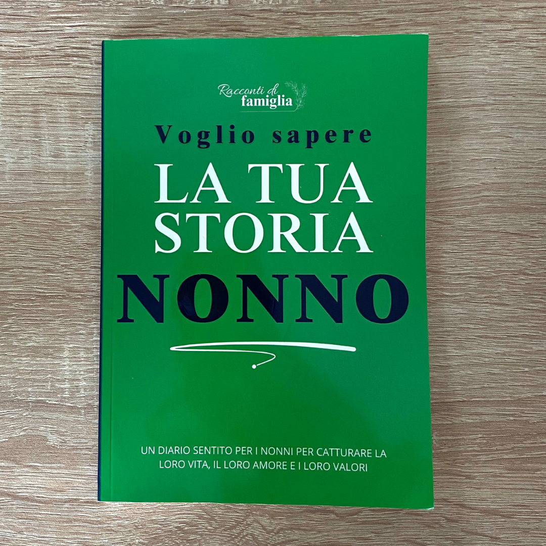 Libro dei ricordi per nonno, con domande sulla sua vita per conservare la memoria di famiglia.