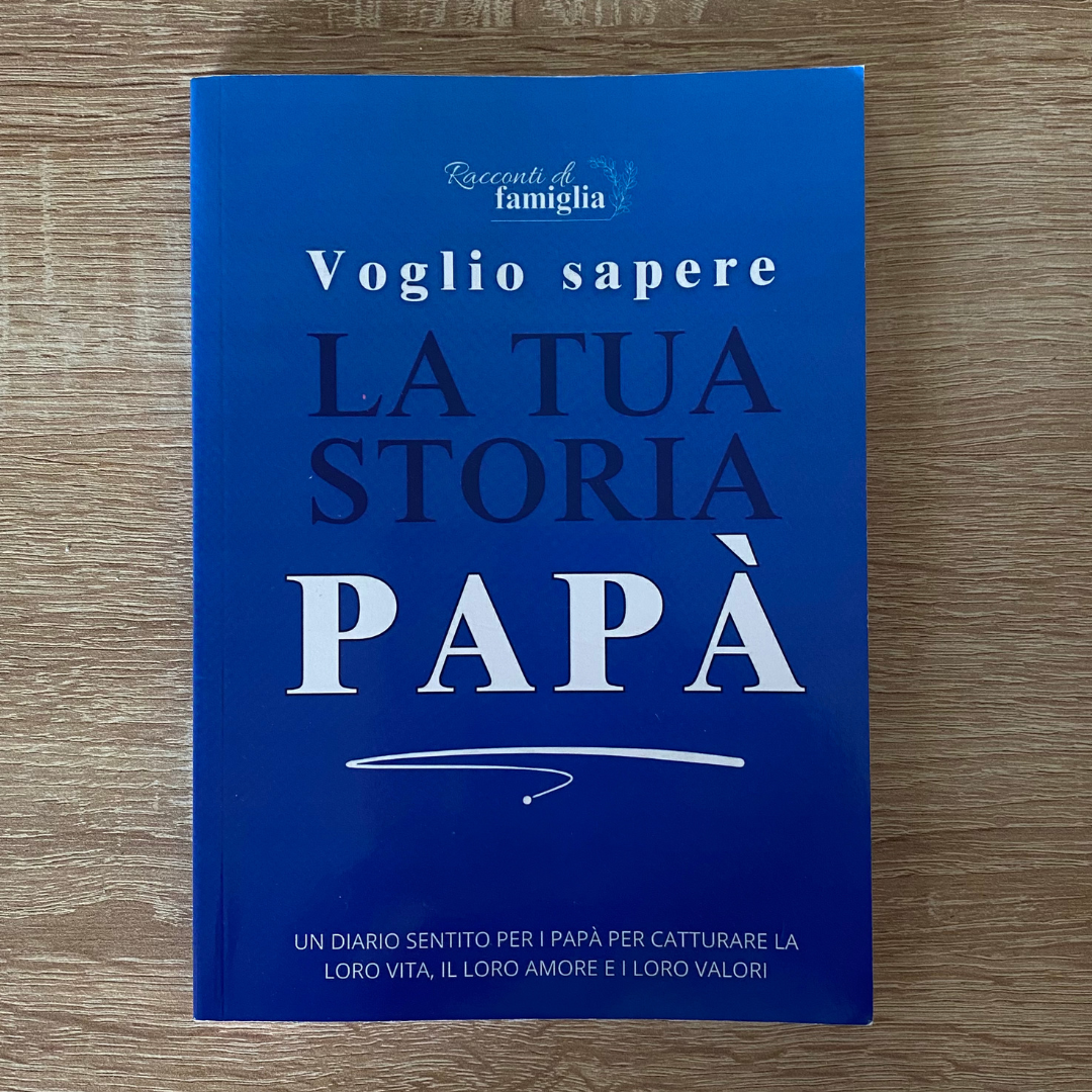 Libro dei ricordi per papà, con domande sulla sua vita per conservare la memoria di famiglia.