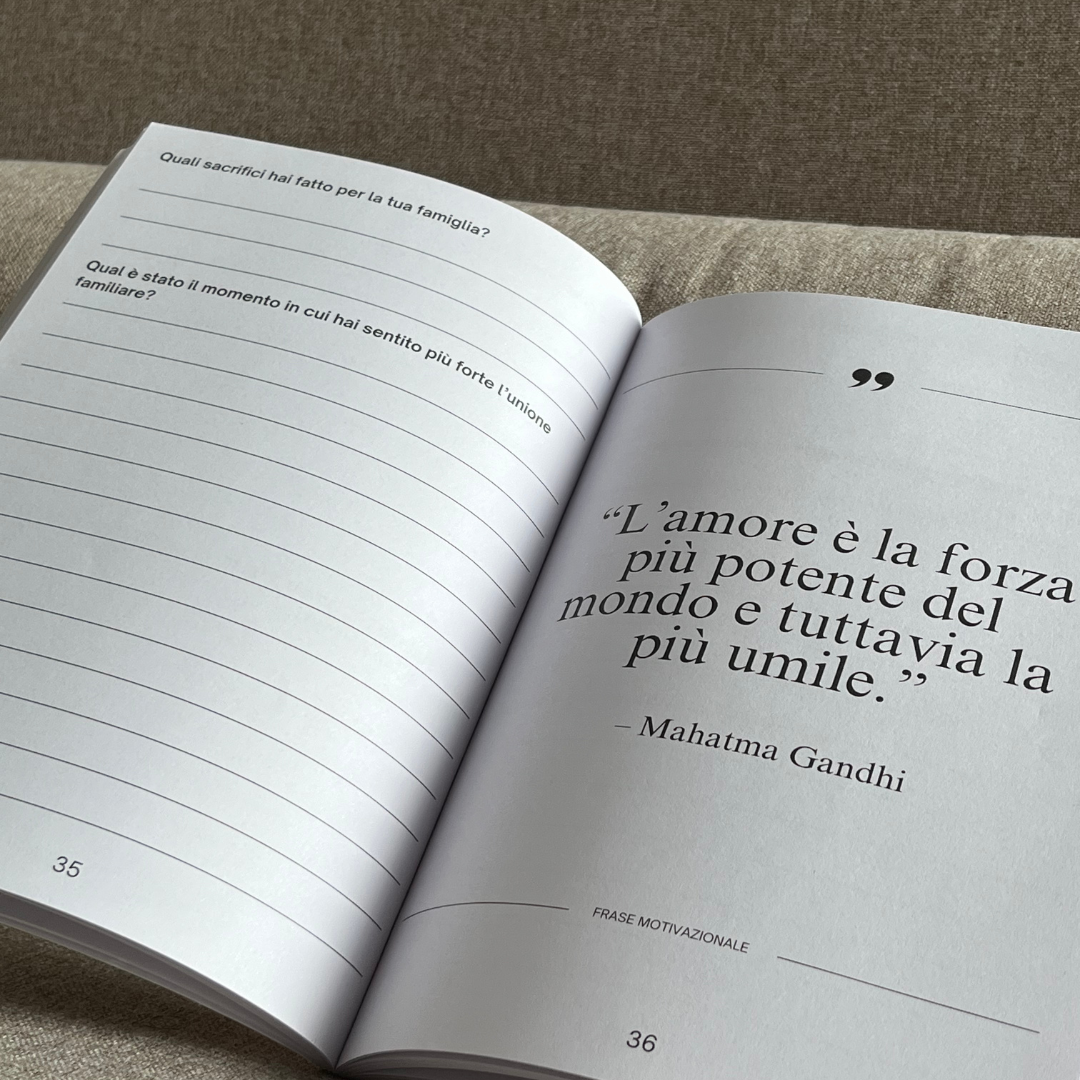 Pagine interne del libro "Voglio sapere la tua storia" con domande guidate per raccogliere memorie familiari.