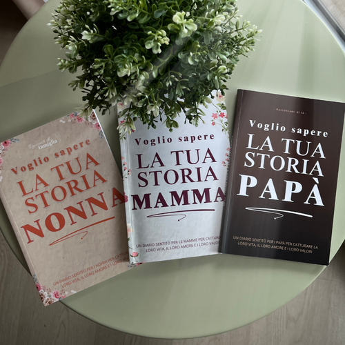 Varianti di copertina del libro "Voglio sapere la tua storia" disponibili nei colori beige, viola, marrone, azzurro e verde.
